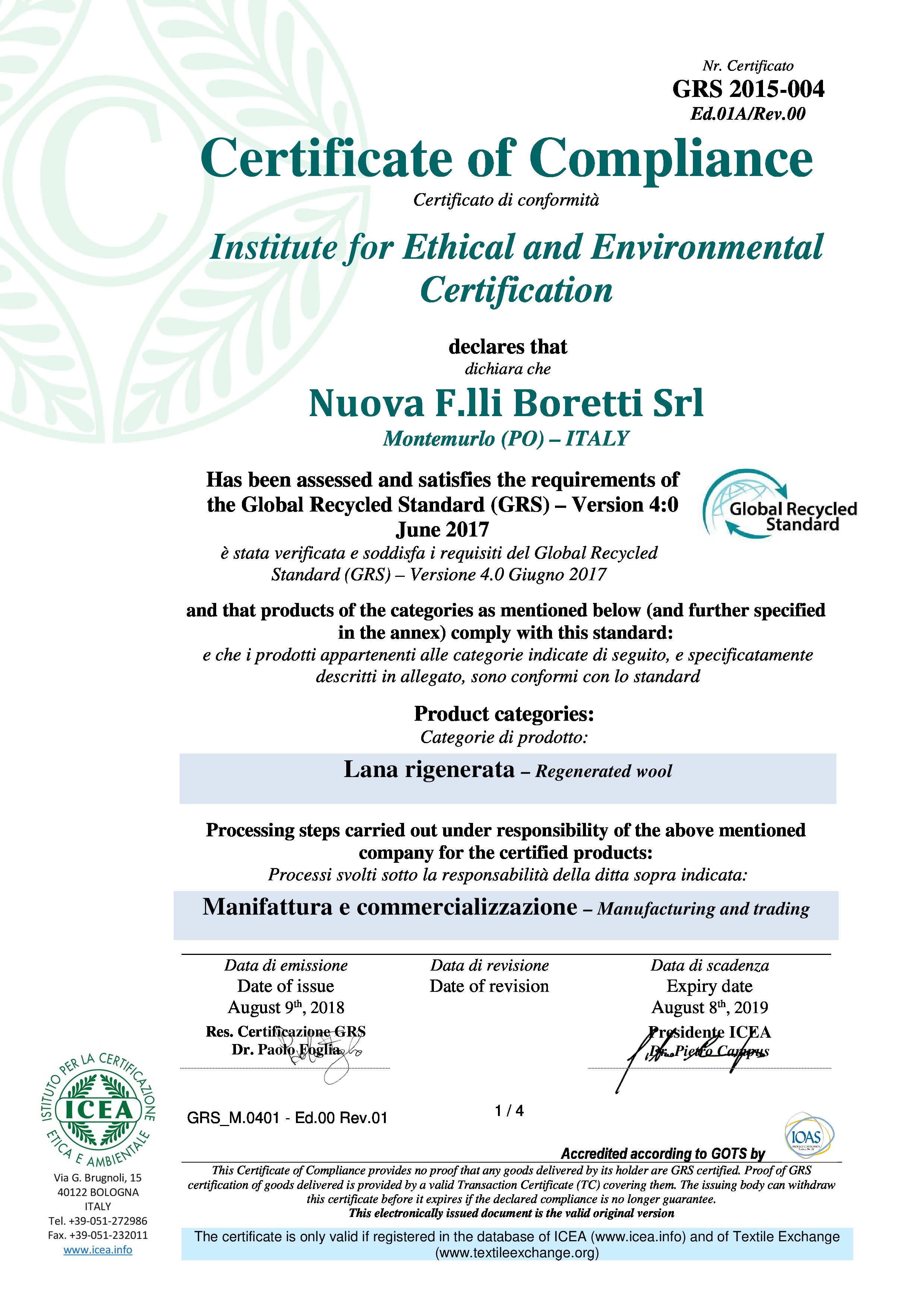 Certificato GRS 2018